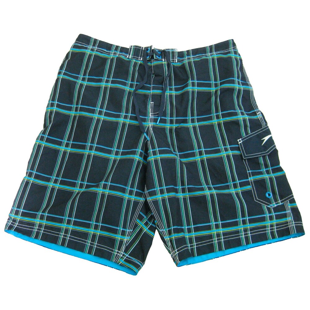 SPEEDO Men's (Size Large) Navy Blue Plaid Swim Shorts Swimming Trunks 4 Pockets